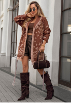 Długi kardigan oversize z frędzlami we wzory Autumn Goddess czekoladowy
