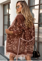 Długi kardigan oversize z frędzlami we wzory Autumn Goddess czekoladowy