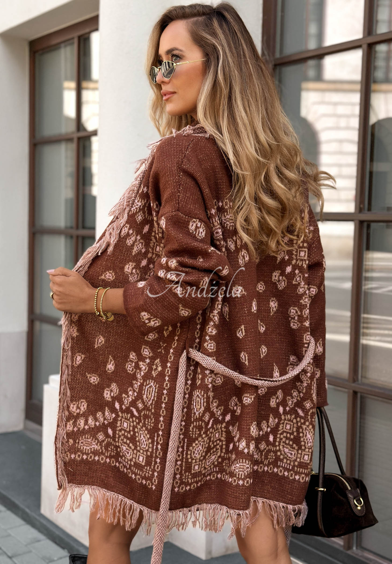 Kardigan oversize z frędzlami we wzory Autumn Goddess czekoladowy