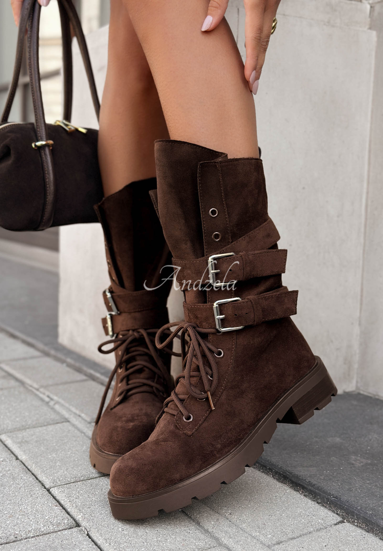 Modern Walk Chocolate-Colored Suede Work Boots with Buckles