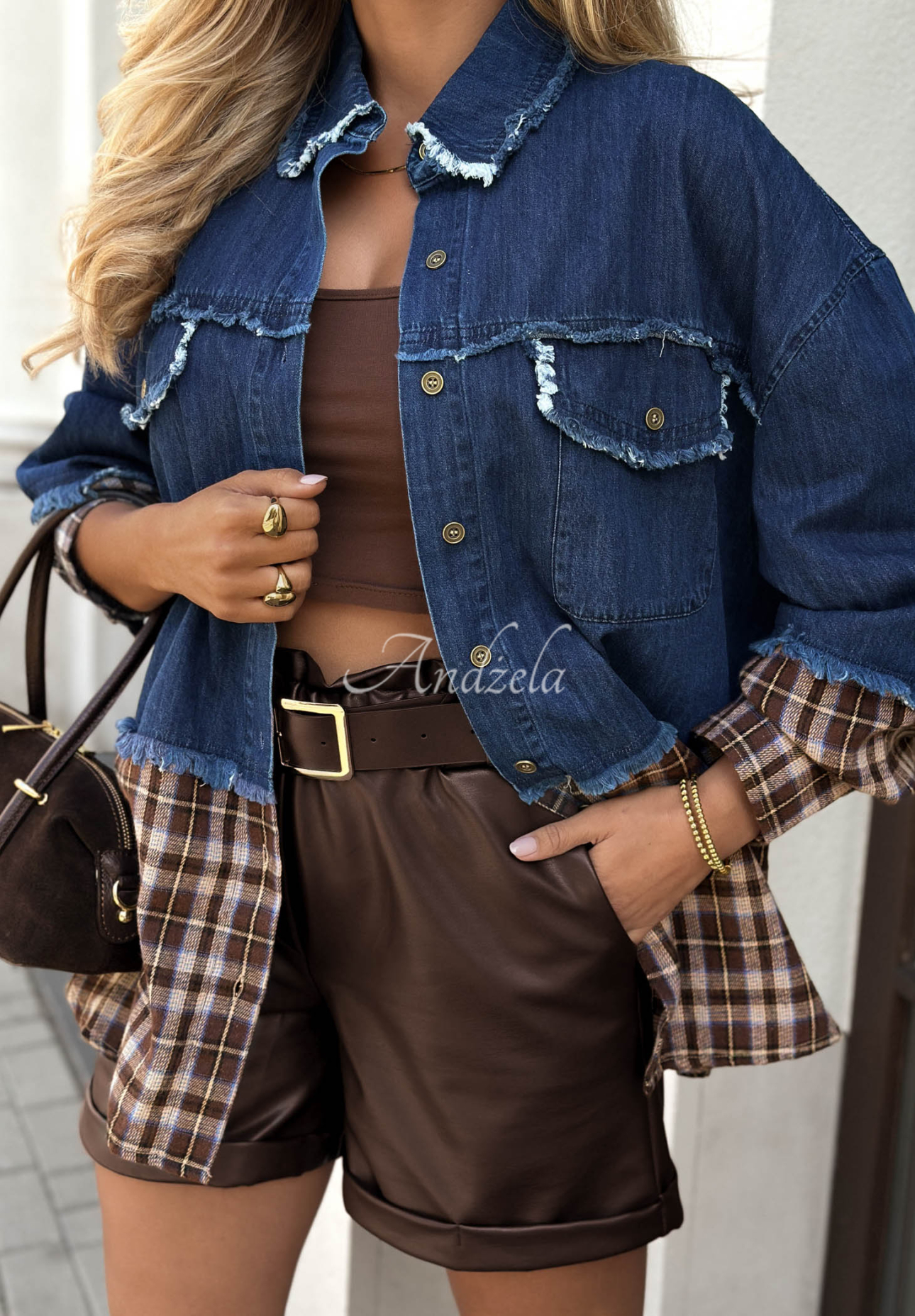 Gentle Fog Blue and Chocolate Checkered Hem Denim Shirt