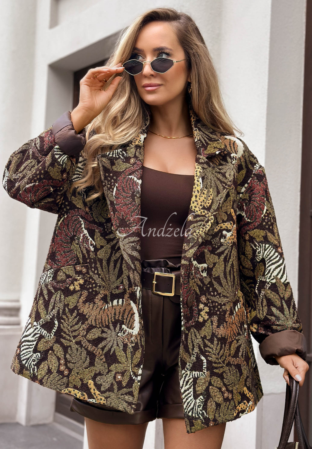 Żakardowa marynarka oversize we wzory Milan Muse czekoladowa