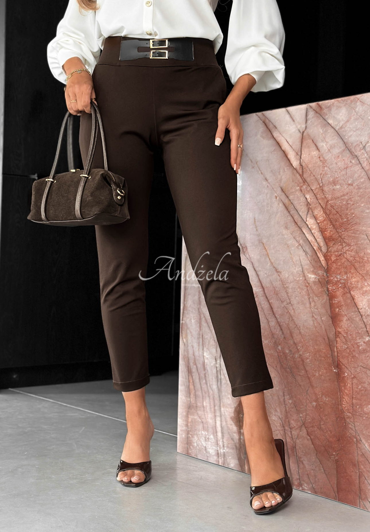 Lucky Moment chocolate-colored viscose cigarette pants with a belt