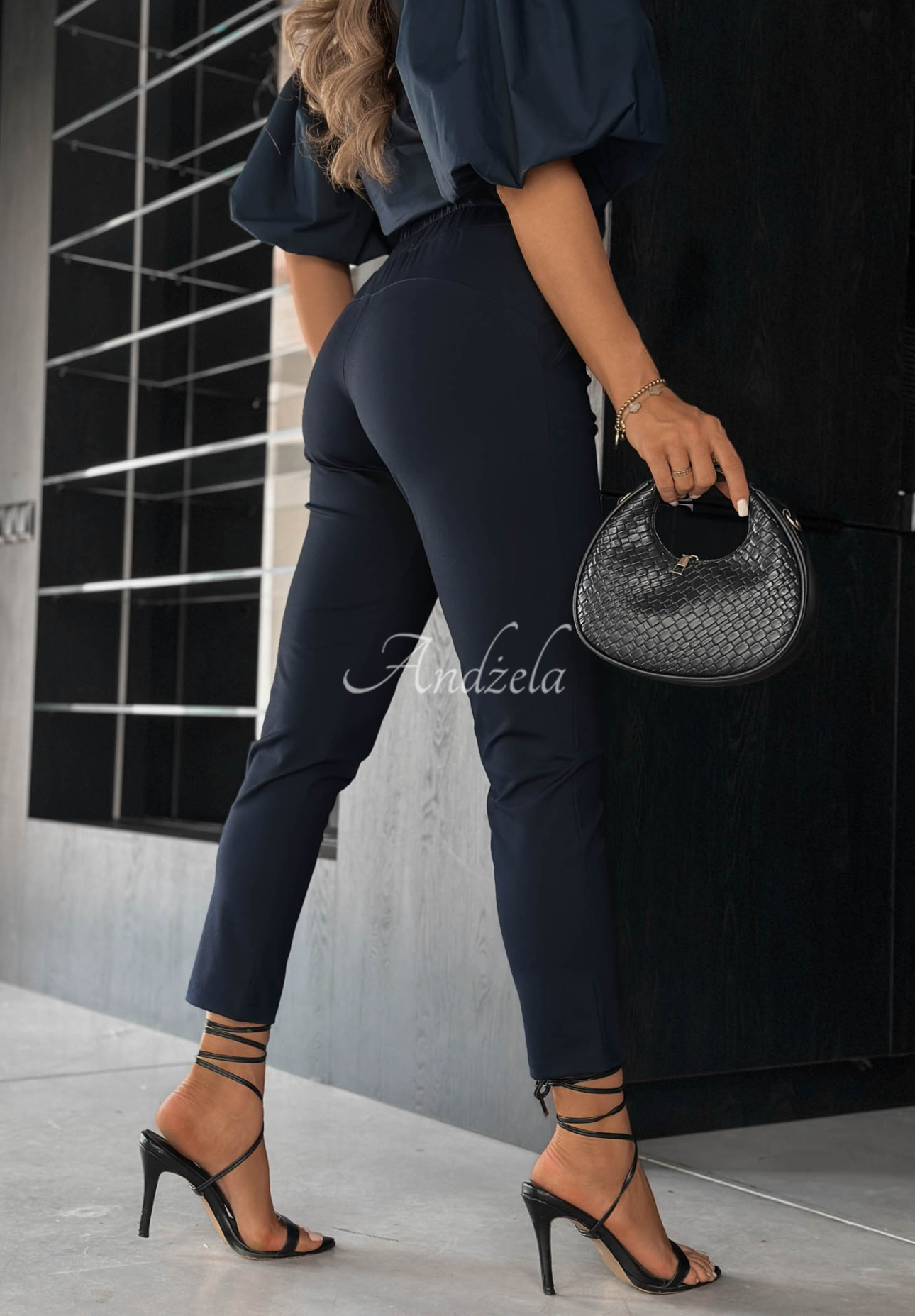 Lucky Moment Navy Blue Viscose Cigarette Pants with a Belt
