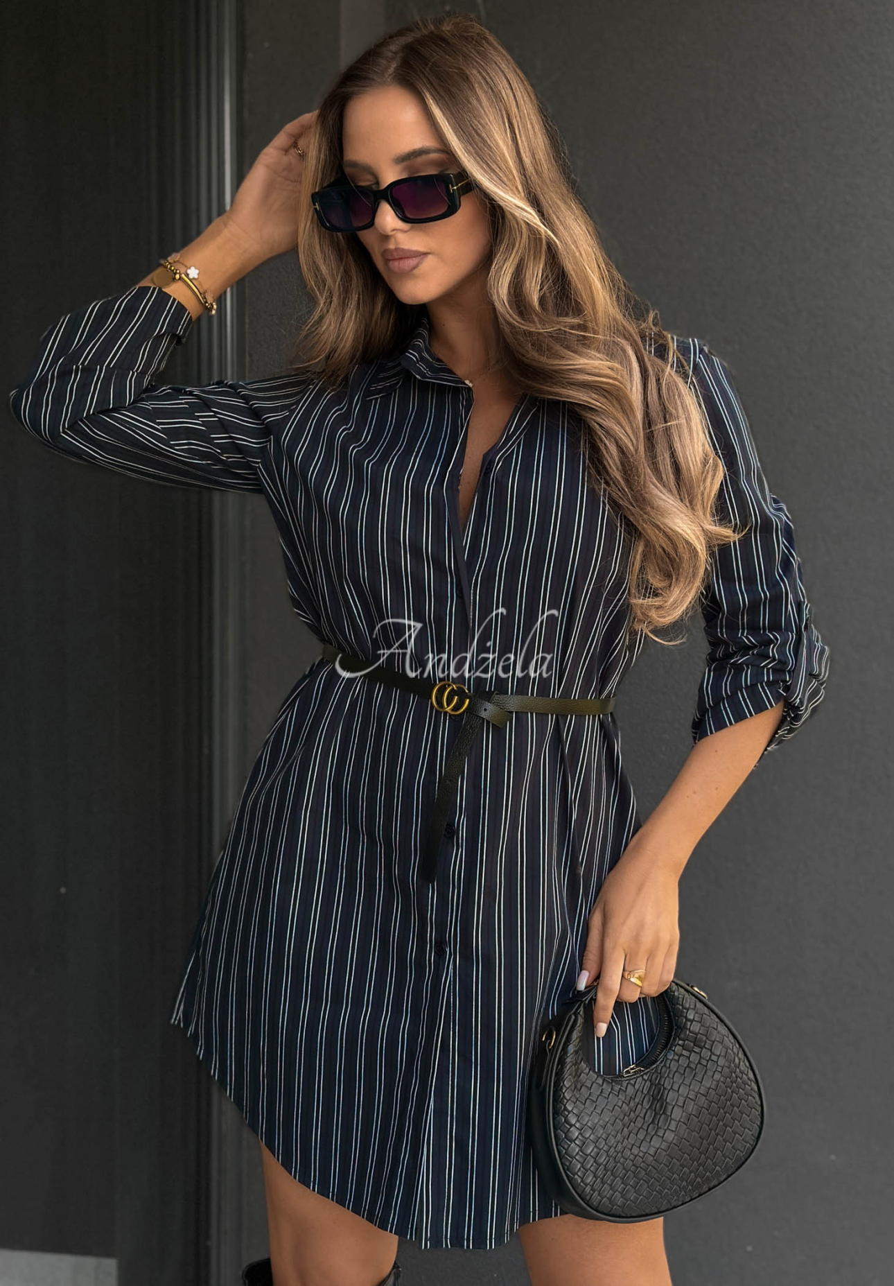 Warm Elegance Navy Blue Striped Cotton Shirt Dress with Belt