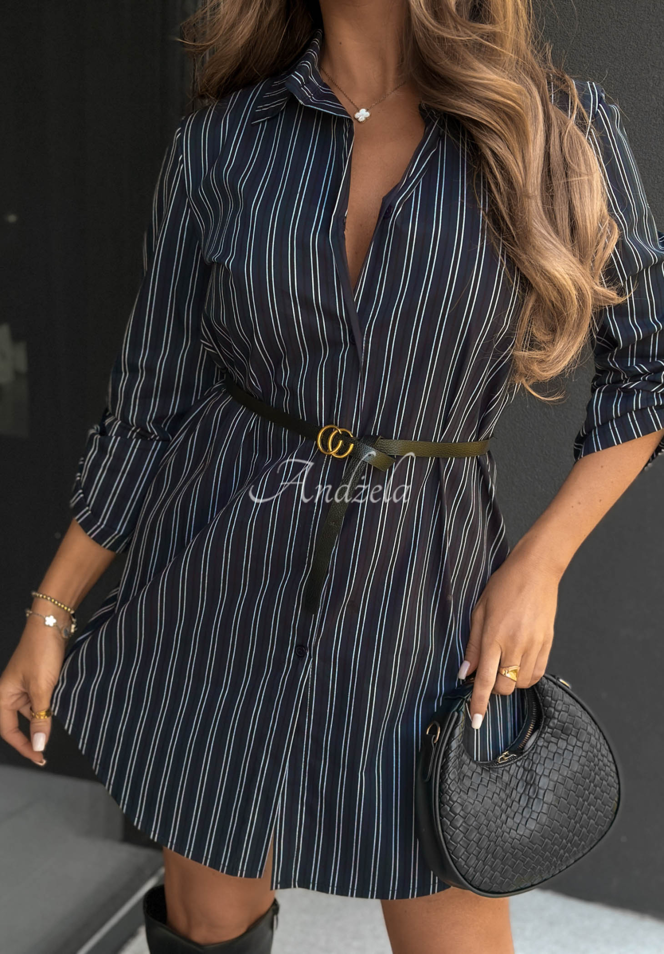 Warm Elegance Navy Blue Striped Cotton Shirt Dress with Belt
