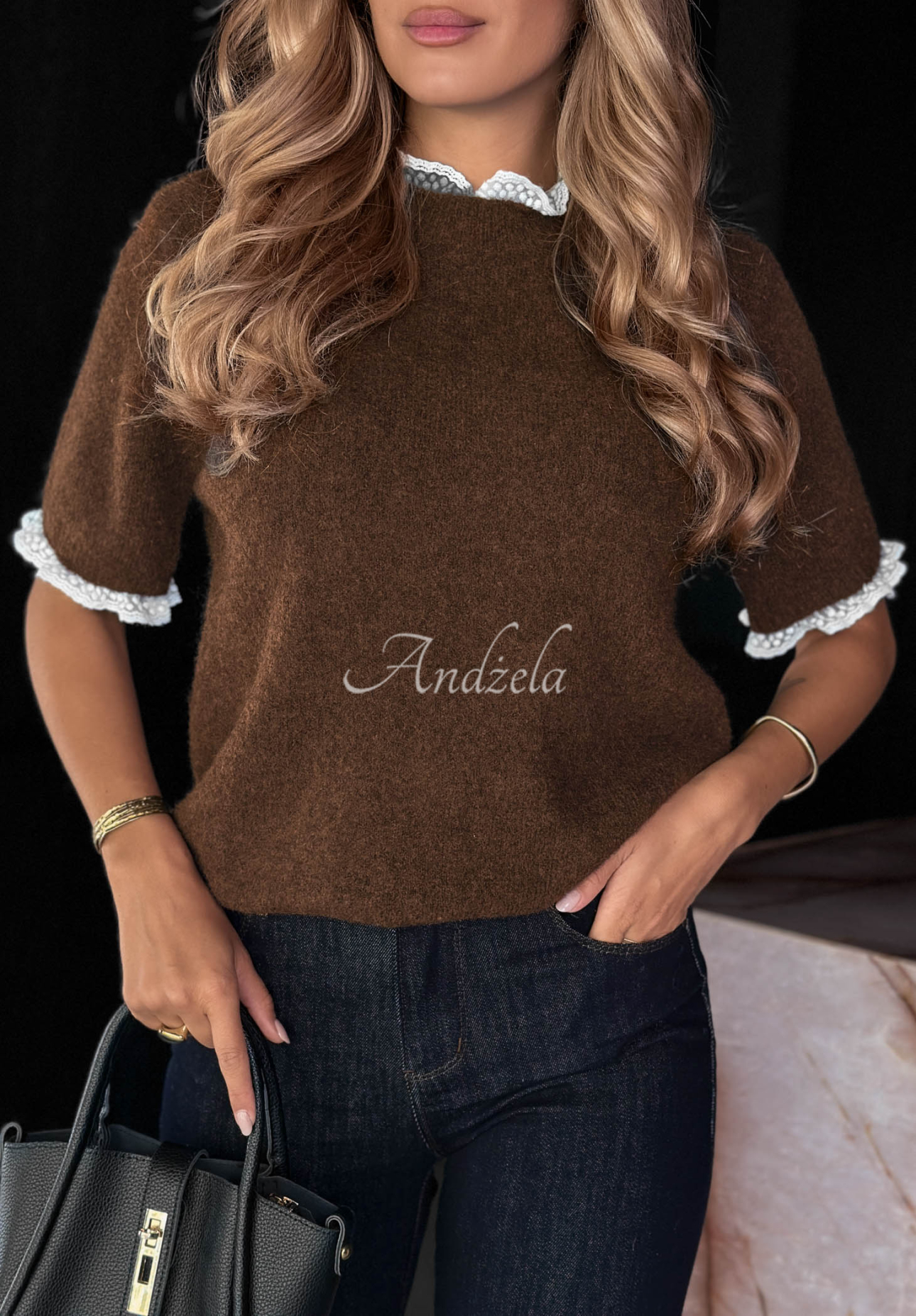 Always Ready Short-Sleeve Sweater with Lace Inserts in Chocolate Brown