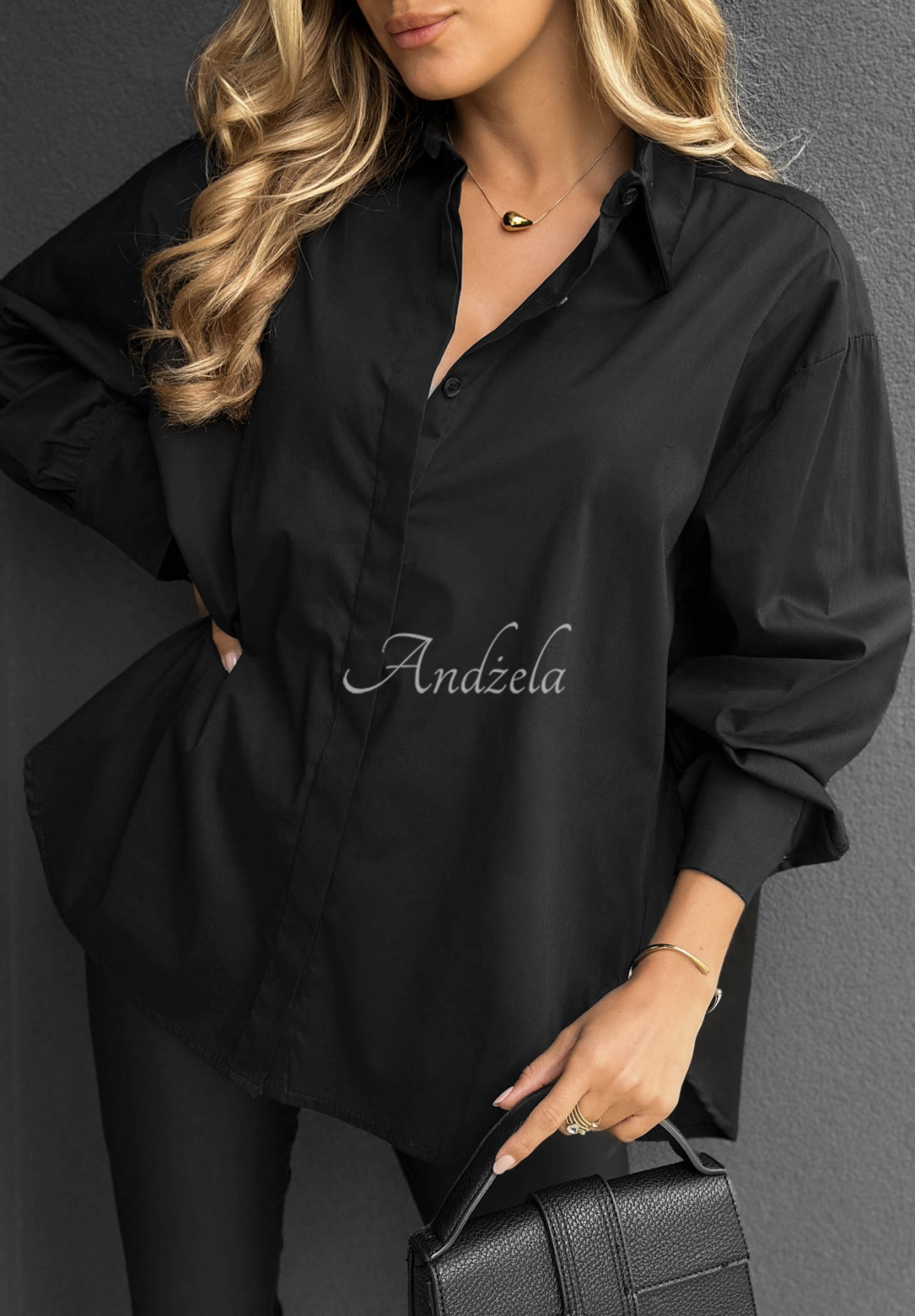 Elegancka bawełniana koszula oversize z kołnierzem Prestige Harbor czarna