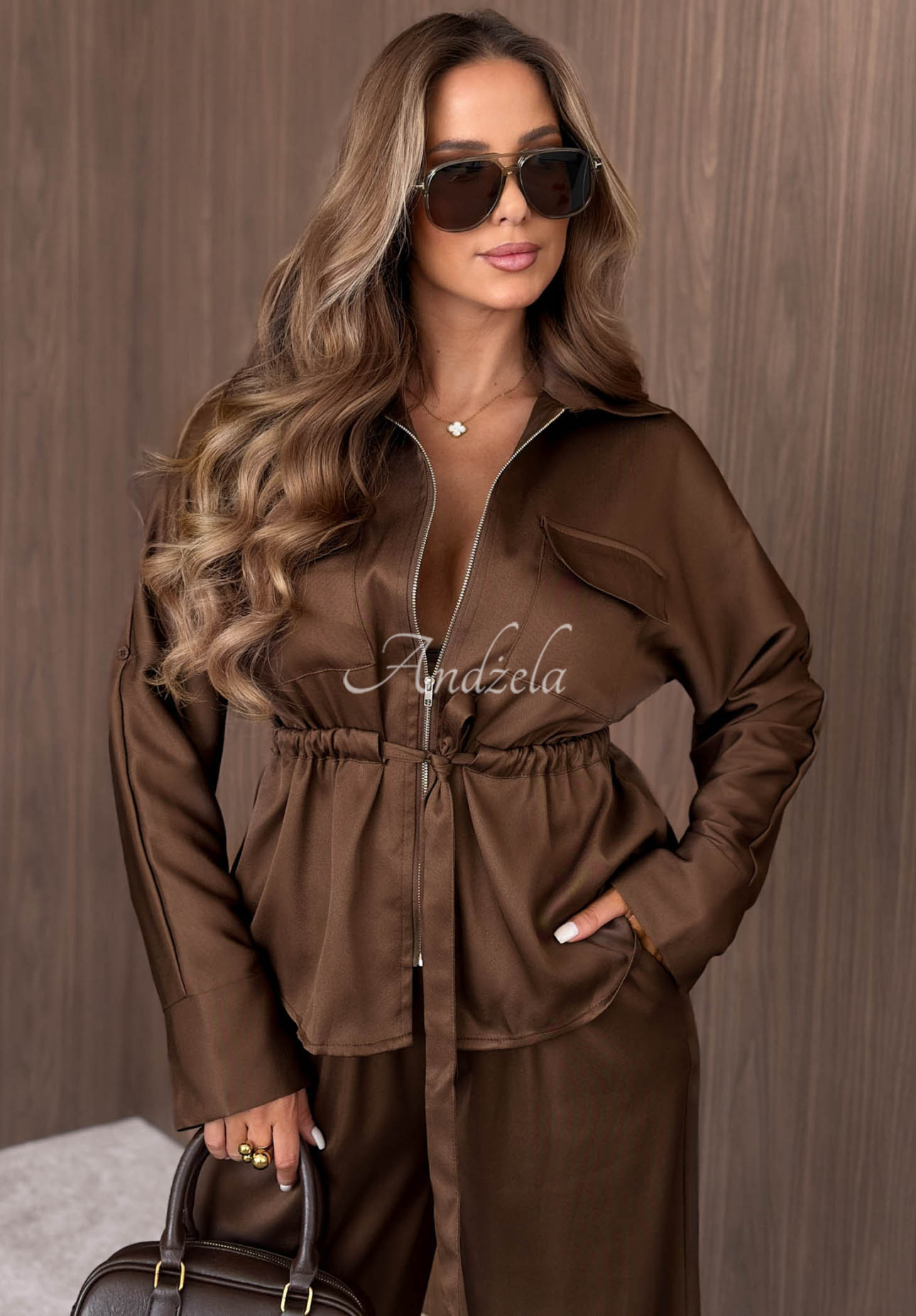 Autumn Pearl Chocolate-Colored Lightweight Jacket and Wide-Leg Pants Set