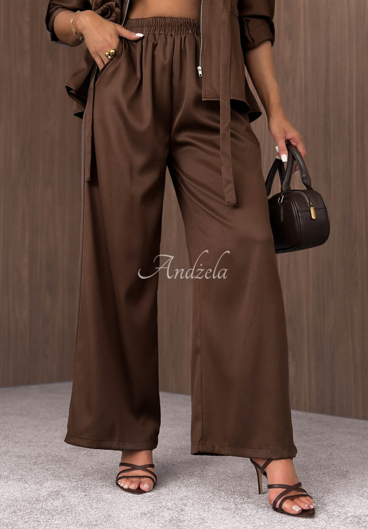 Autumn Pearl Chocolate-Colored Lightweight Jacket and Wide-Leg Pants Set