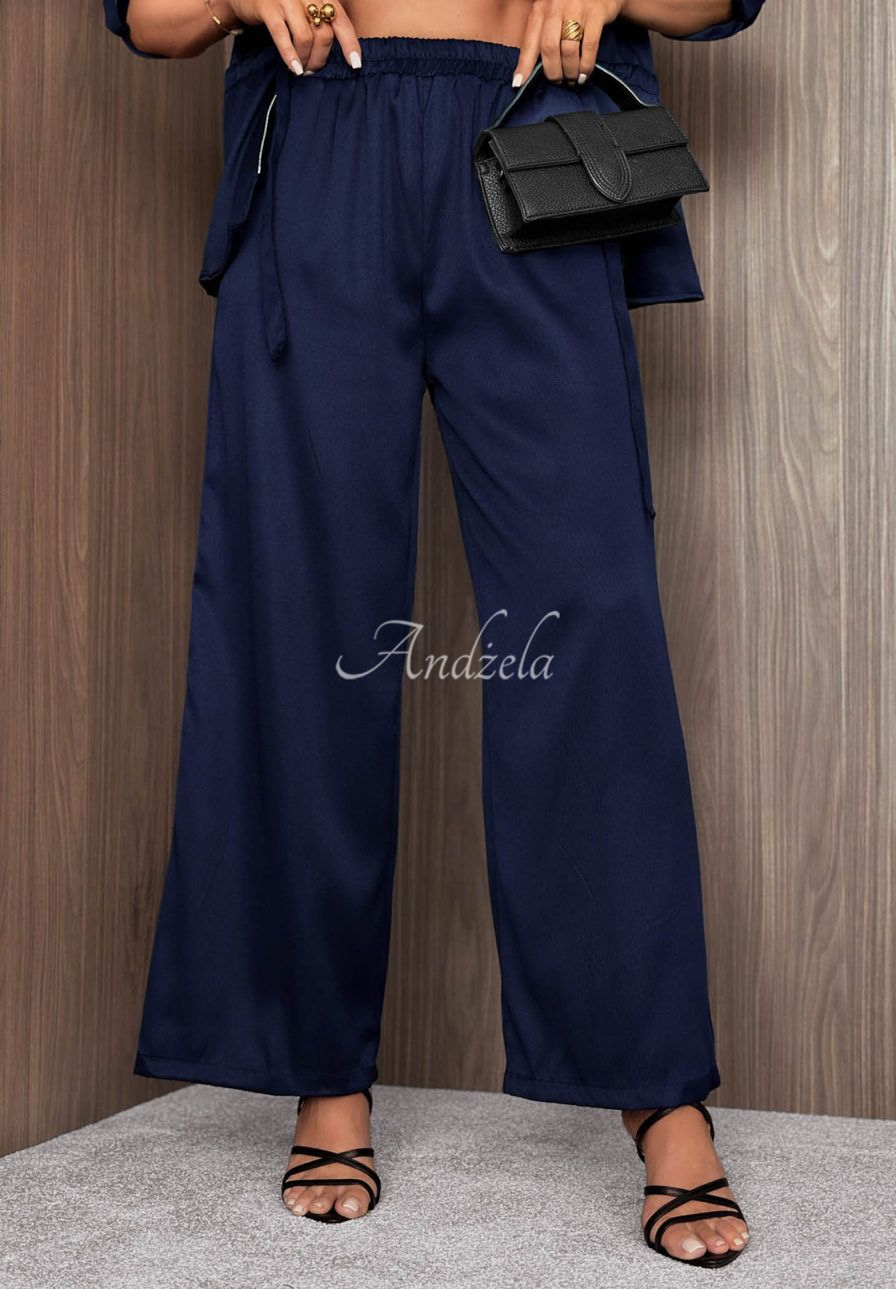 Komplet lekka kurtka z zapięciem i spodnie wide leg Autumn Pearl granatowy
