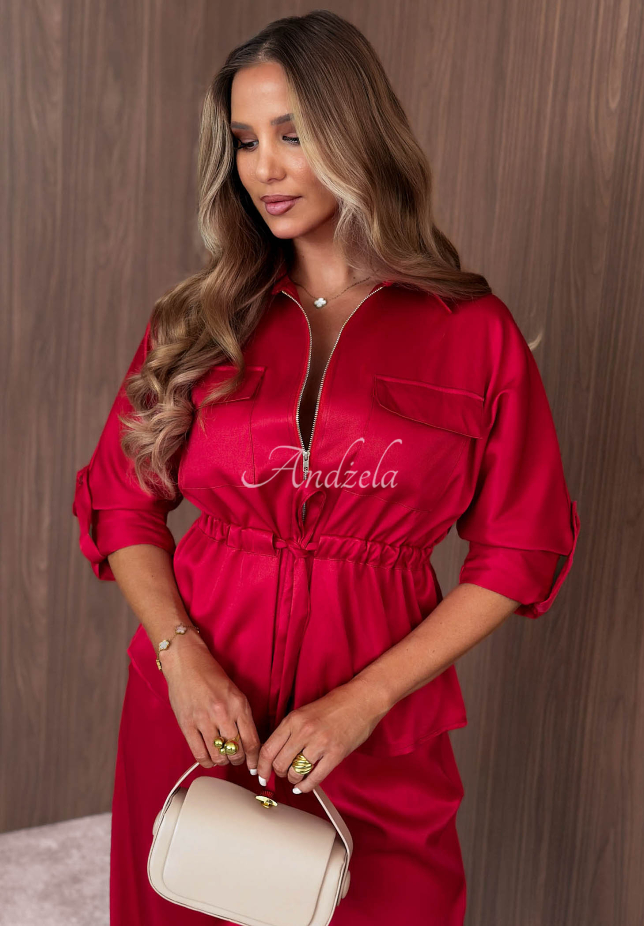 Komplet lekka kurtka z zapięciem i spodnie wide leg Autumn Pearl czerwony