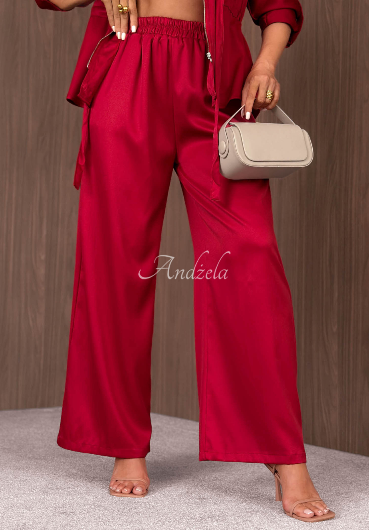 Komplet lekka kurtka z zapięciem i spodnie wide leg Autumn Pearl czerwony