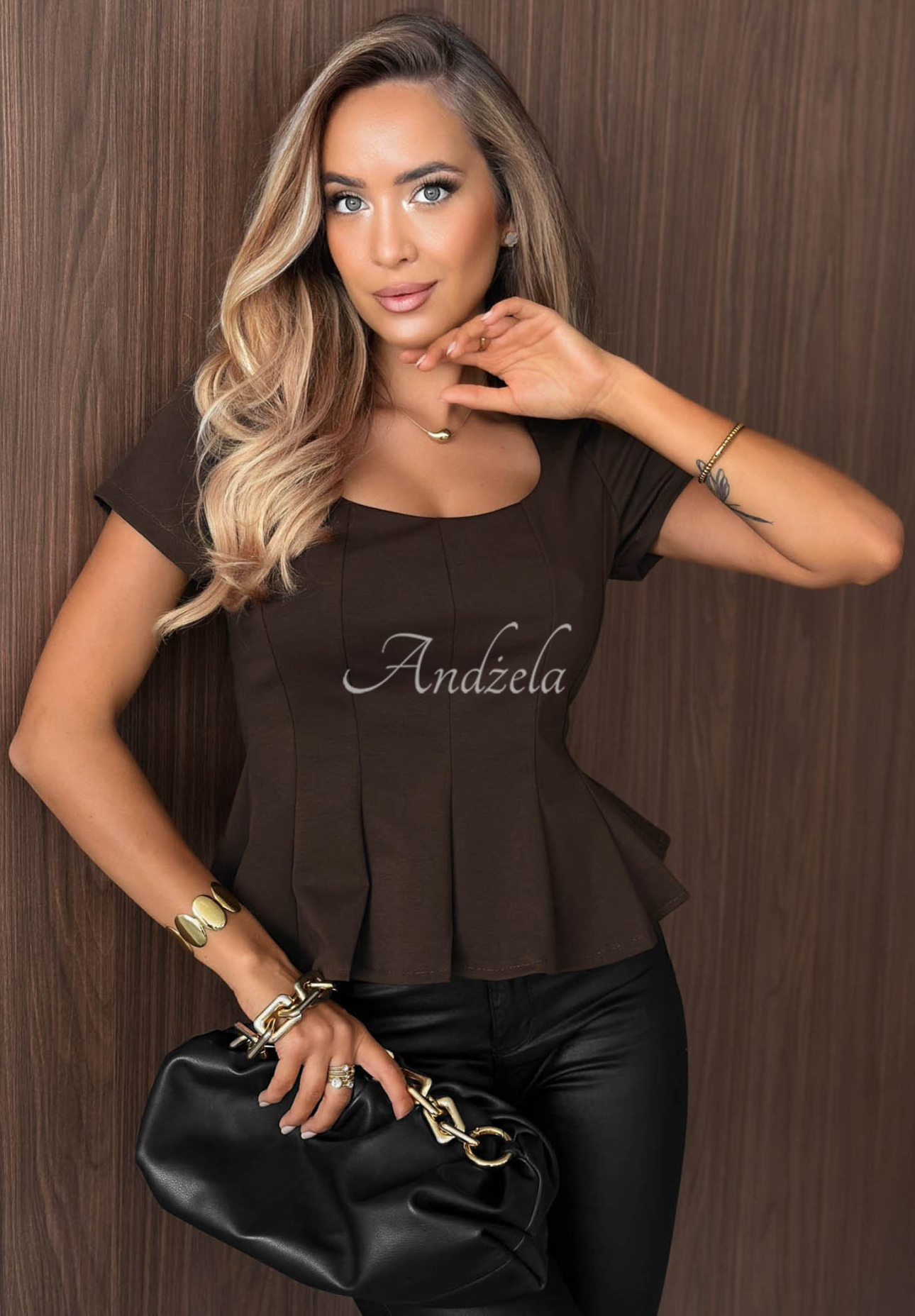 Autumn Kiss Chocolate-Colored Blouse with a Peplum and Square Neckline