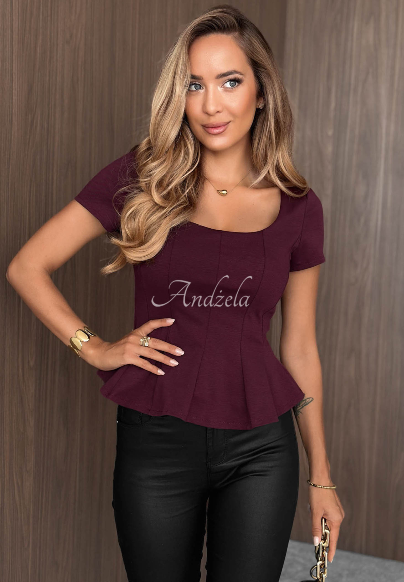 Autumn Kiss Blouse with Peplum and Square Neckline, Plum