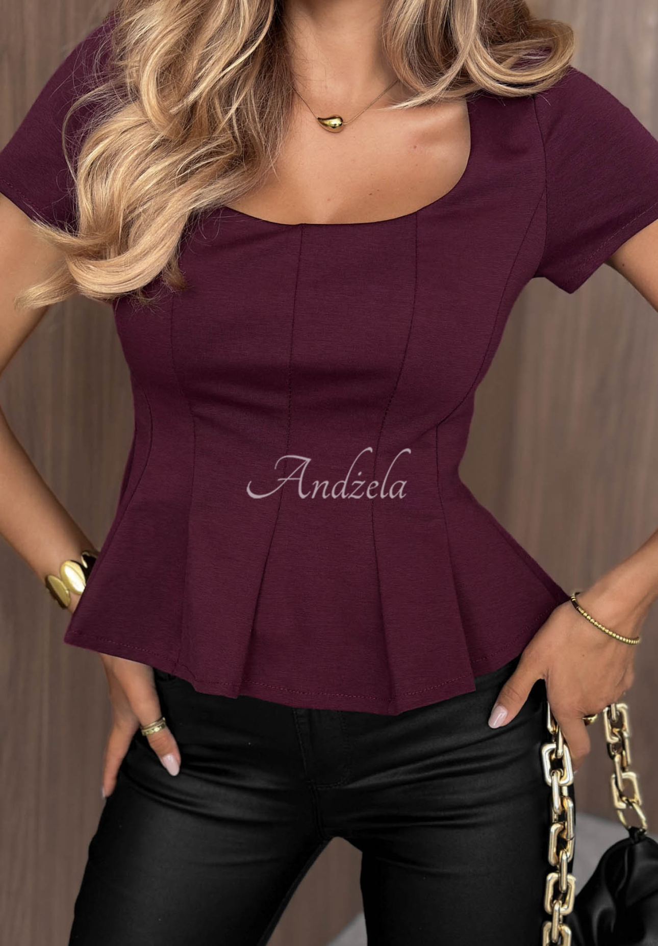 Autumn Kiss Blouse with Peplum and Square Neckline, Plum