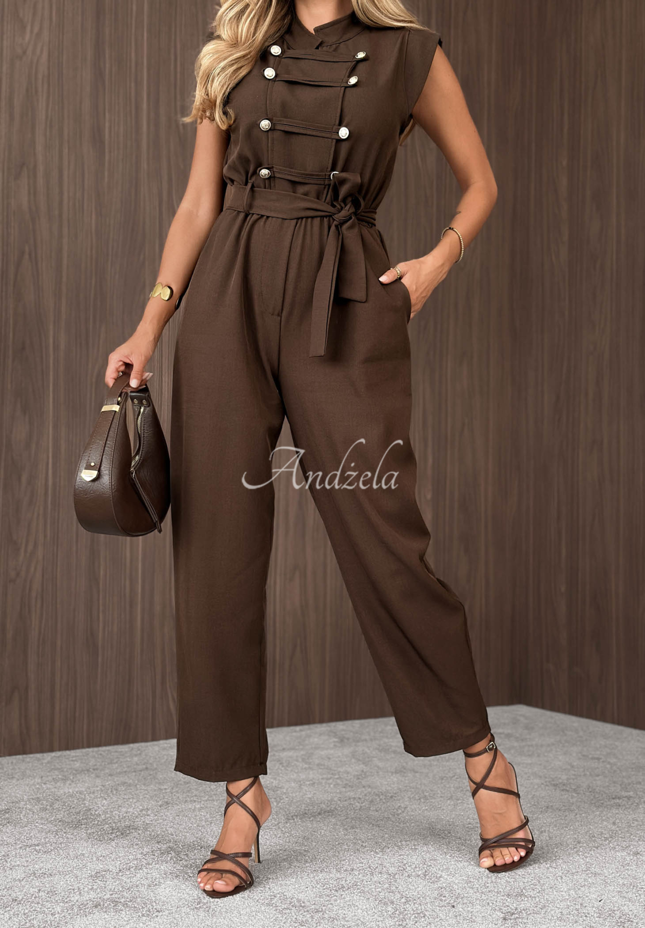 Long jumpsuit with a belt in Cinnamon Glow chocolate