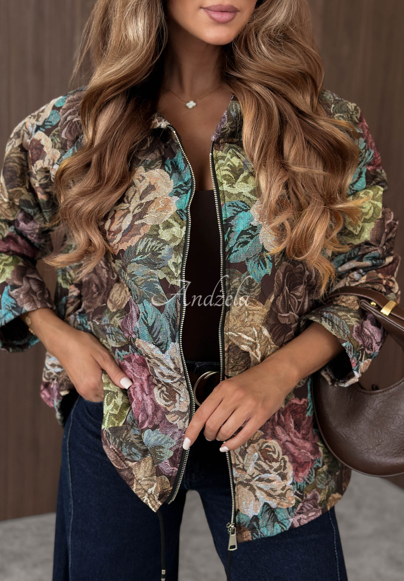 Golden Trees Chocolate-Colored Quilted Hooded Jacket with Floral Print