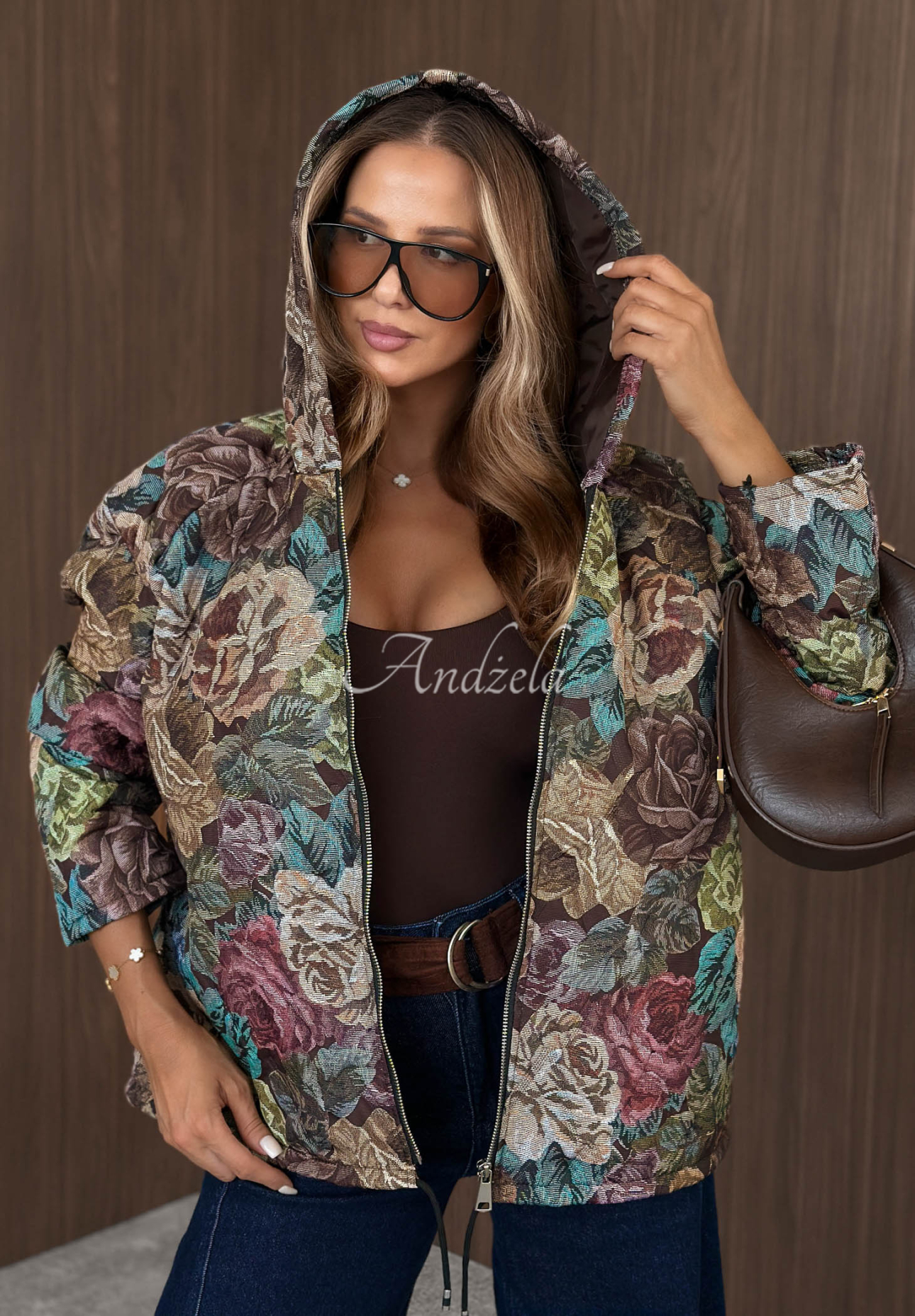 Golden Trees Chocolate-Colored Quilted Hooded Jacket with Floral Print