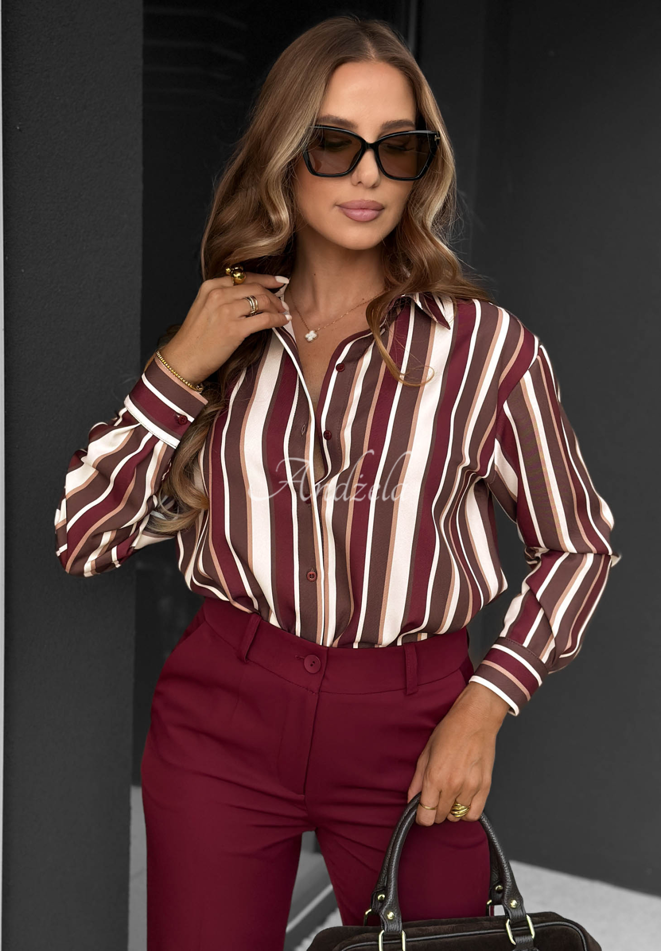 Wiskozowa koszula w paski Velvet Dream burgundowo-czekoladowa