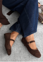 Fall Story Chocolate Suede Ballet Flats with a Strap