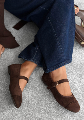 Fall Story Chocolate Suede Ballet Flats with a Strap