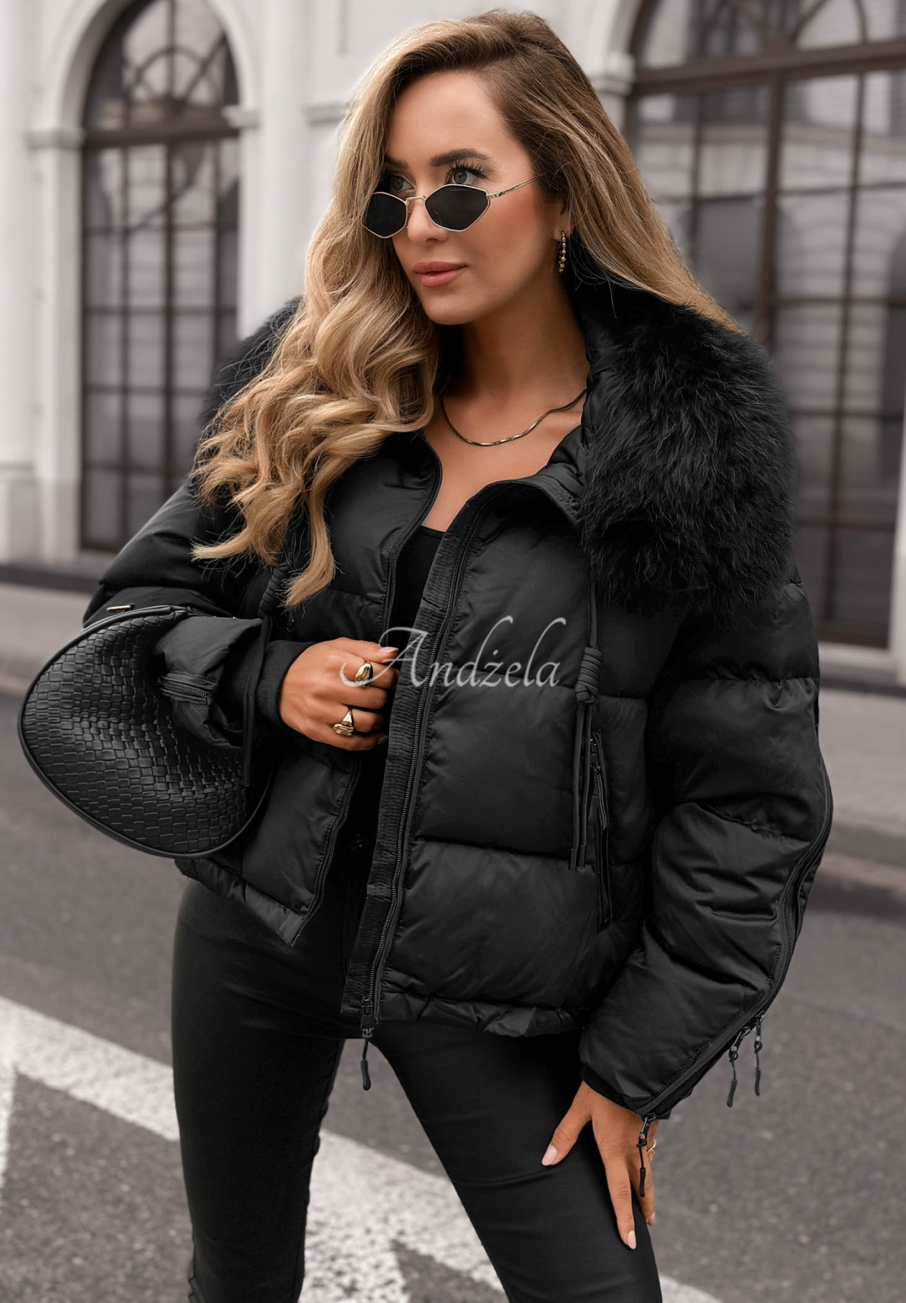 Amber Leaves Short Jacket with Fur Trim, Black