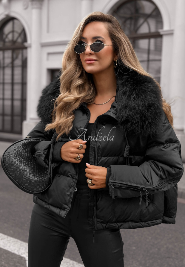 Amber Leaves Short Jacket with Fur Trim, Black