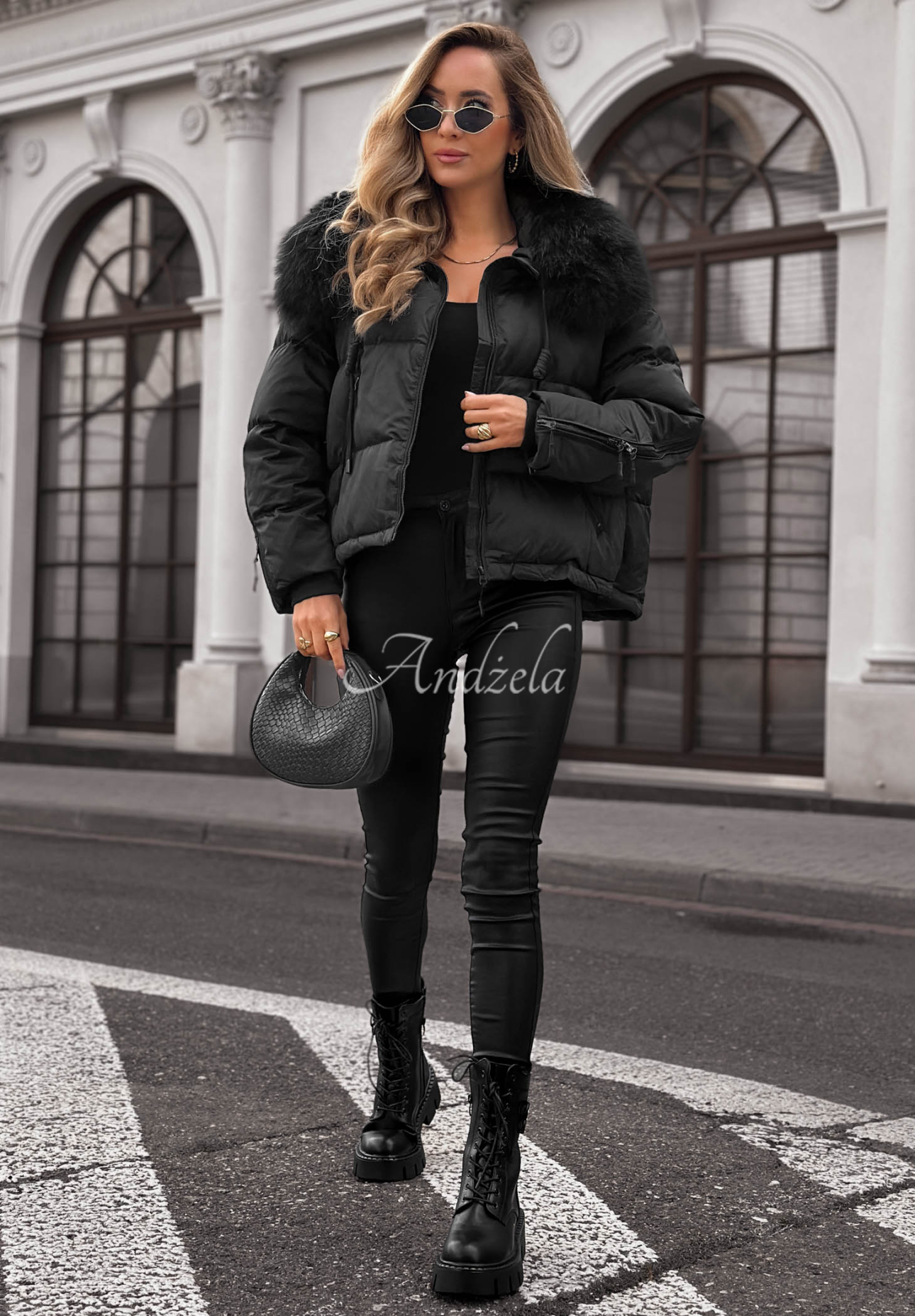 Amber Leaves Short Jacket with Fur Trim, Black