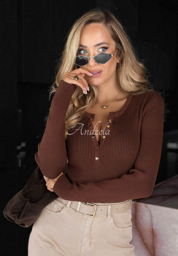 Prążkowane wiskozowe body longsleeve z rozpinanym dekoltem Chic Essence czekoladowe