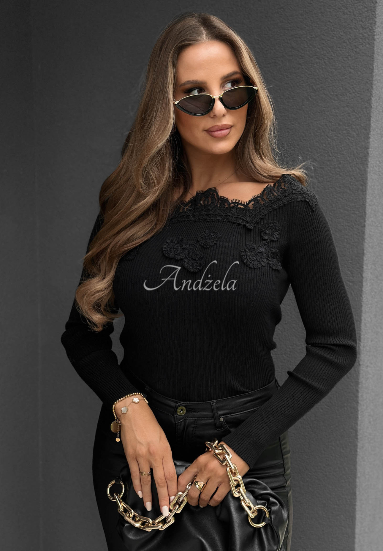 Black striped off-the-shoulder viscose blouse with Pure Grace embroidery