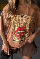 T-shirt oversize z nadrukiem Rock Soul camelowy
