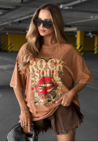 T-shirt oversize z nadrukiem Rock Soul camelowy