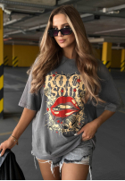 T-shirt oversize z nadrukiem Rock Soul camelowy