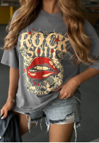 T-shirt oversize z nadrukiem Rock Soul camelowy