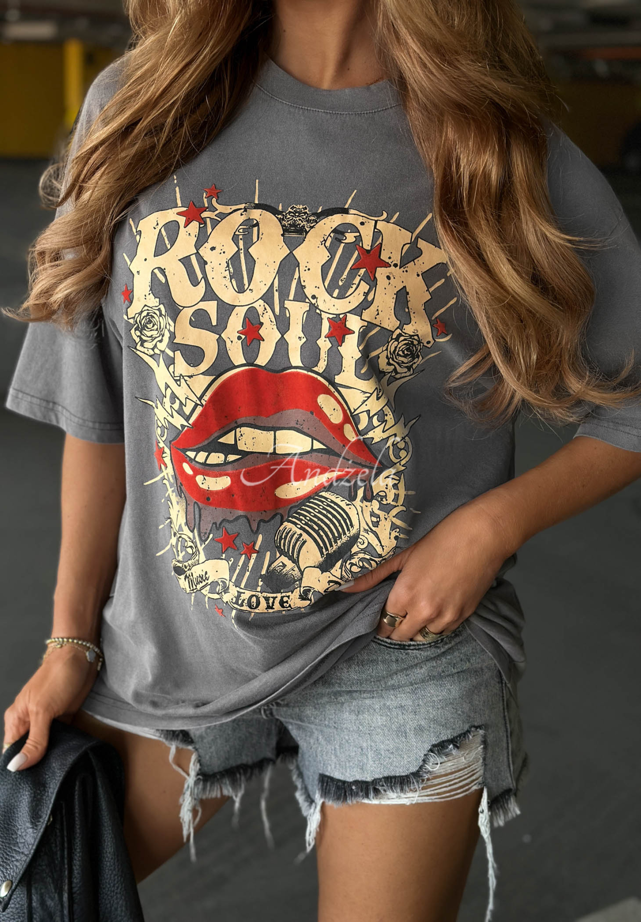 Bawełniany T-shirt oversize z nadrukiem Rock Soul szary