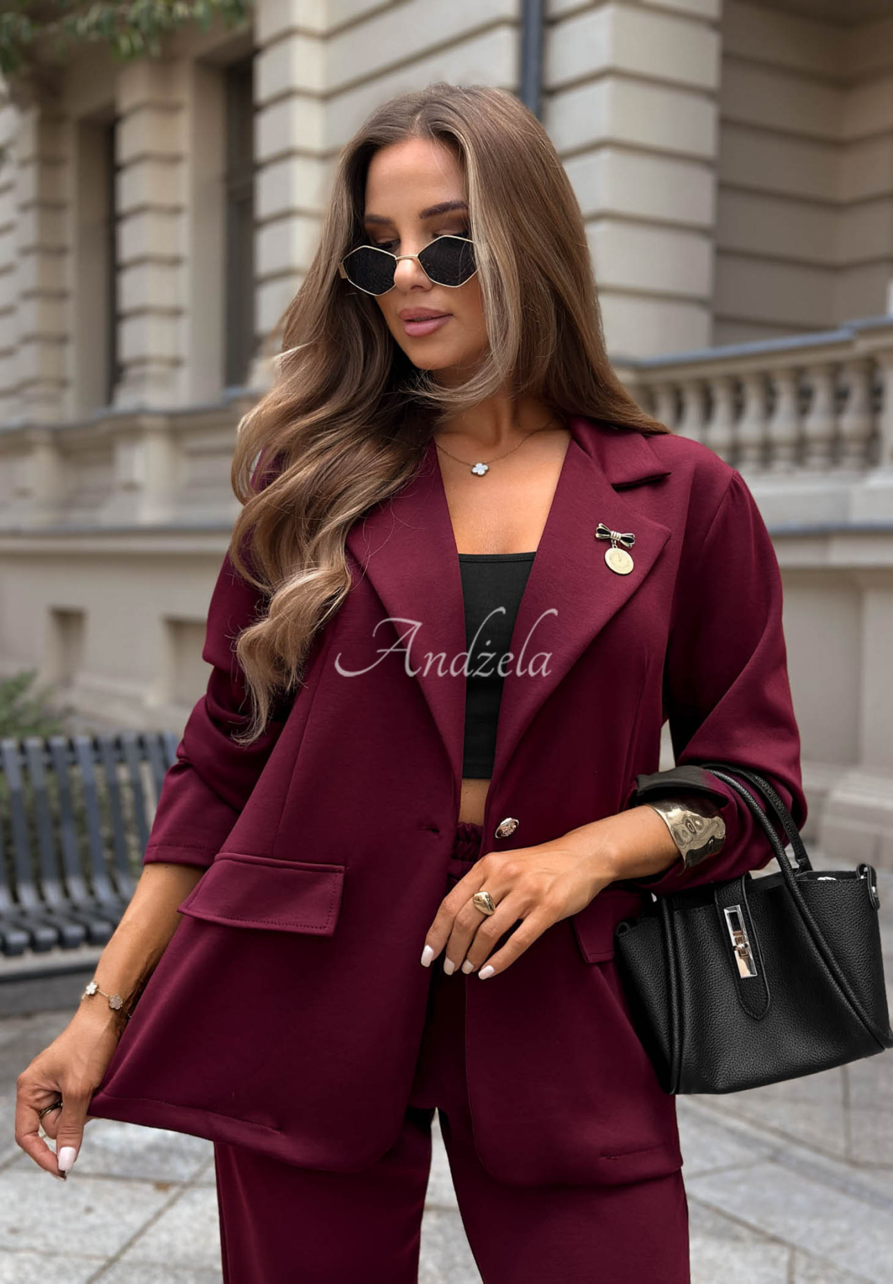 Women's viscose suit—butter-colored jacket and pants—Quiet Moment, burgundy
