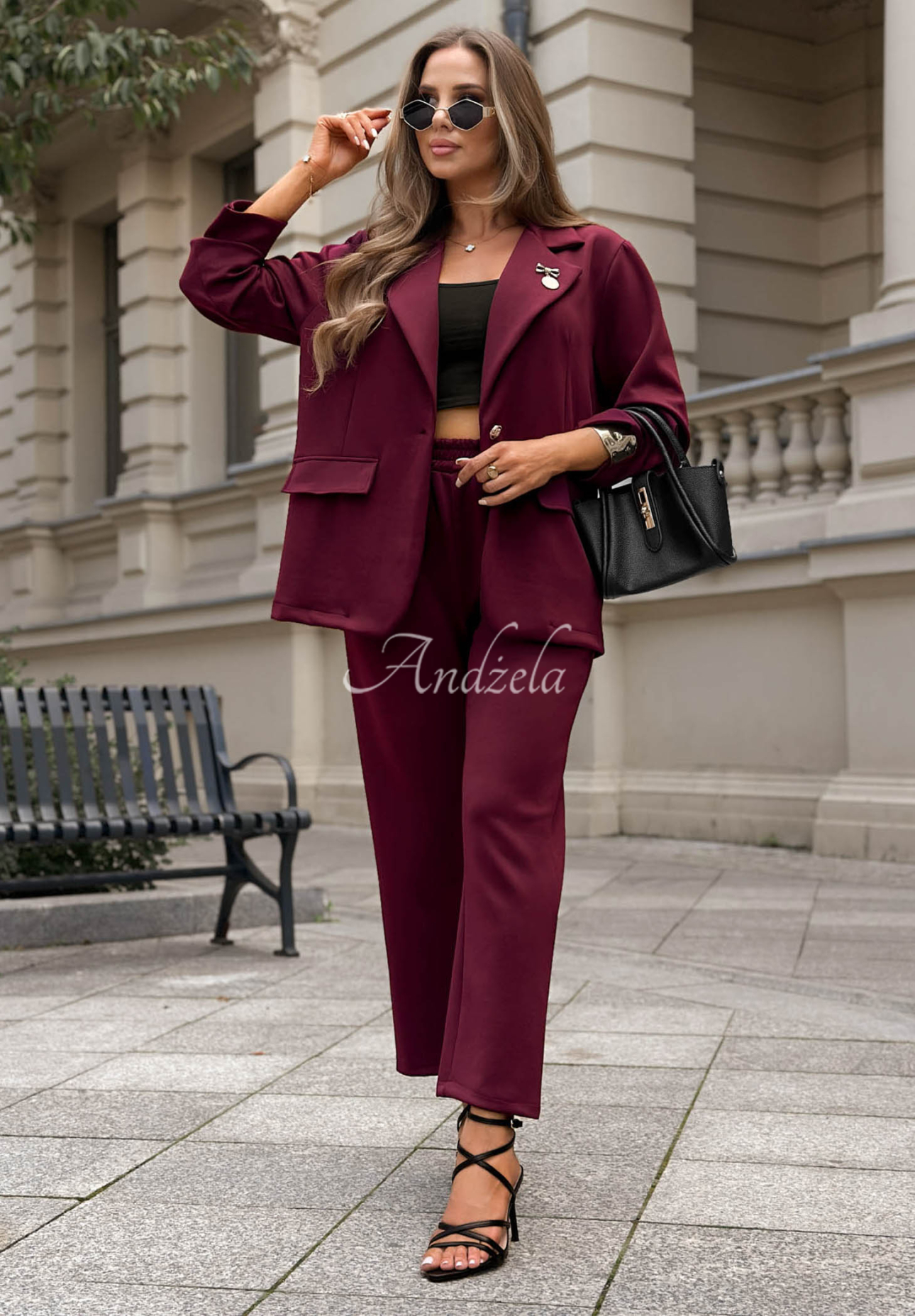 Women's viscose suit—butter-colored jacket and pants—Quiet Moment, burgundy