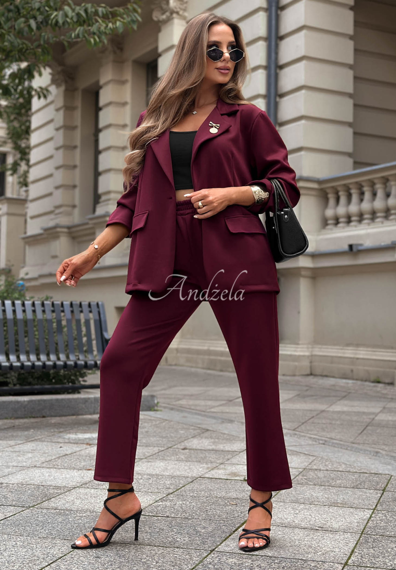 Women's viscose suit—butter-colored jacket and pants—Quiet Moment, burgundy