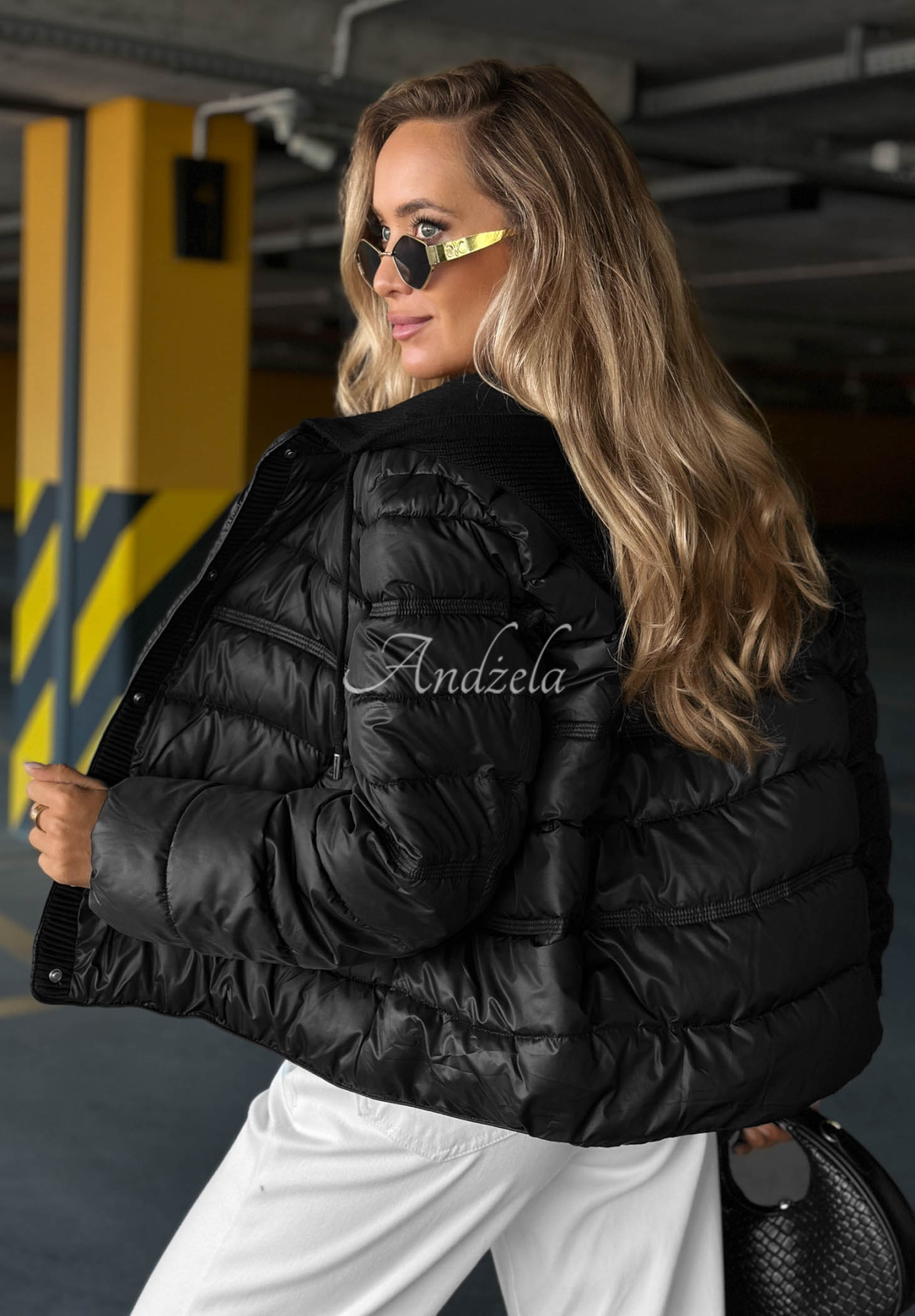 Secret Note Quilted Jacket with Knit Inserts, Black