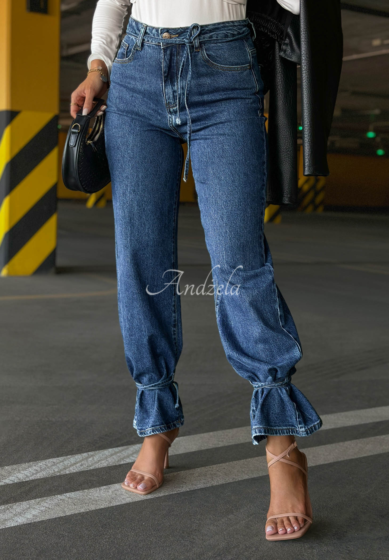 Hello Friday Navy Blue Wide-Leg Jeans with Tie Detail