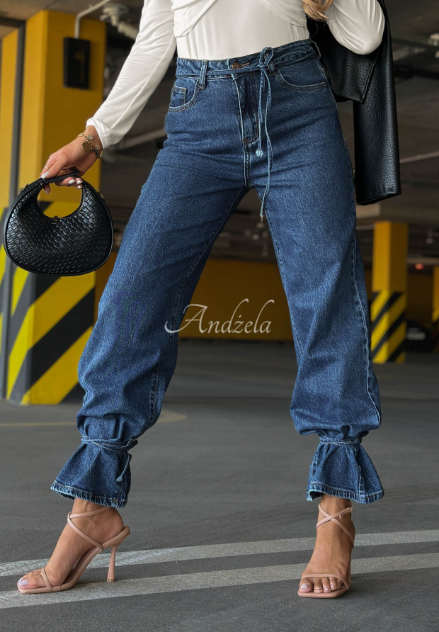 Hello Friday Navy Blue Wide-Leg Jeans with Tie Detail