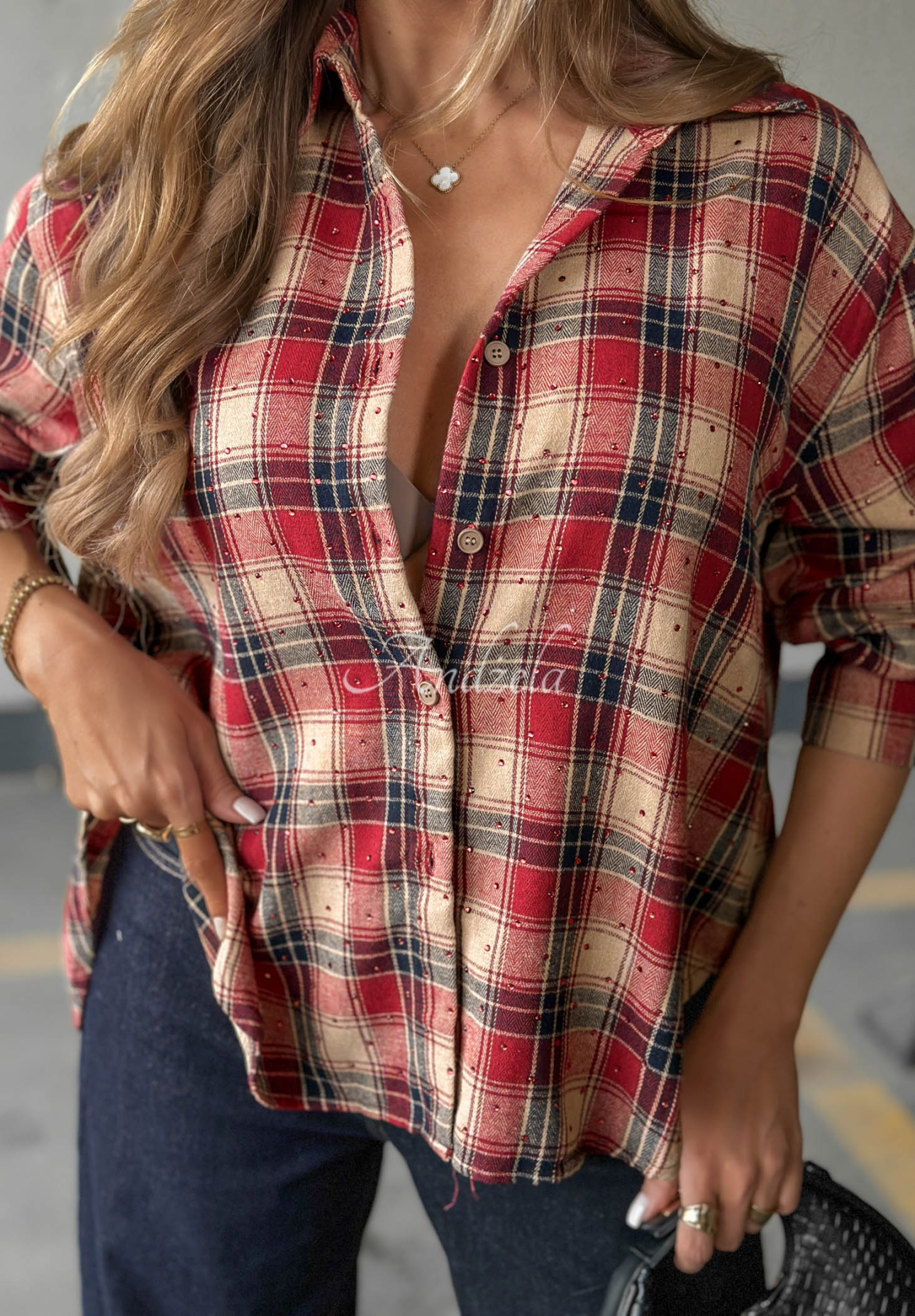 Woodland Style Asymmetrical Checkered Shirt with Rhinestones, Red