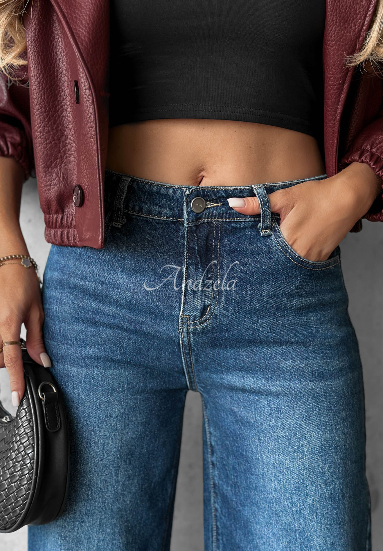 Straight-leg jeans with distressed details and Lunar Shine crystals in navy and burgundy