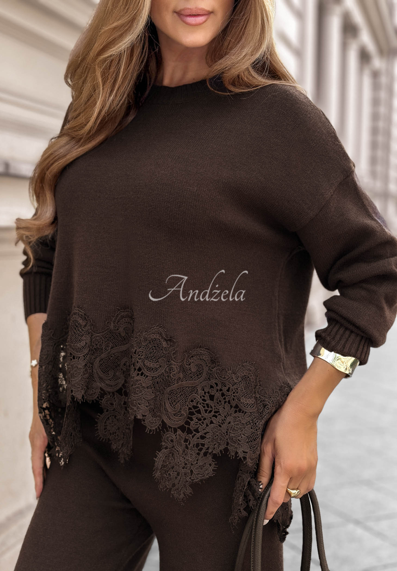 Brown Sugar Chocolate-Colored Wide-Leg Viscose Pants with Lace