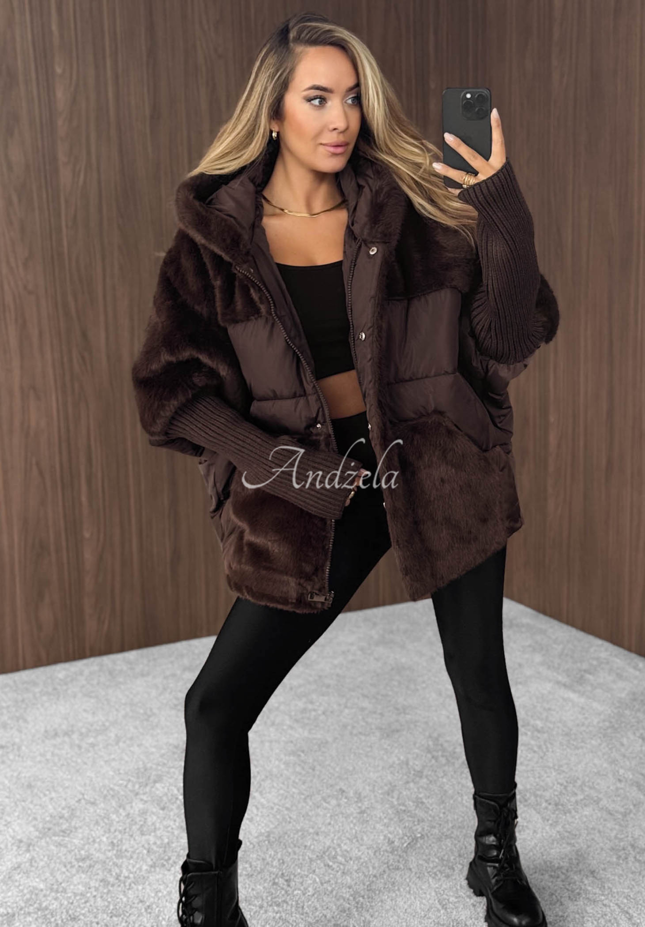 Snow &amp; Pines chocolate quilted fur jacket