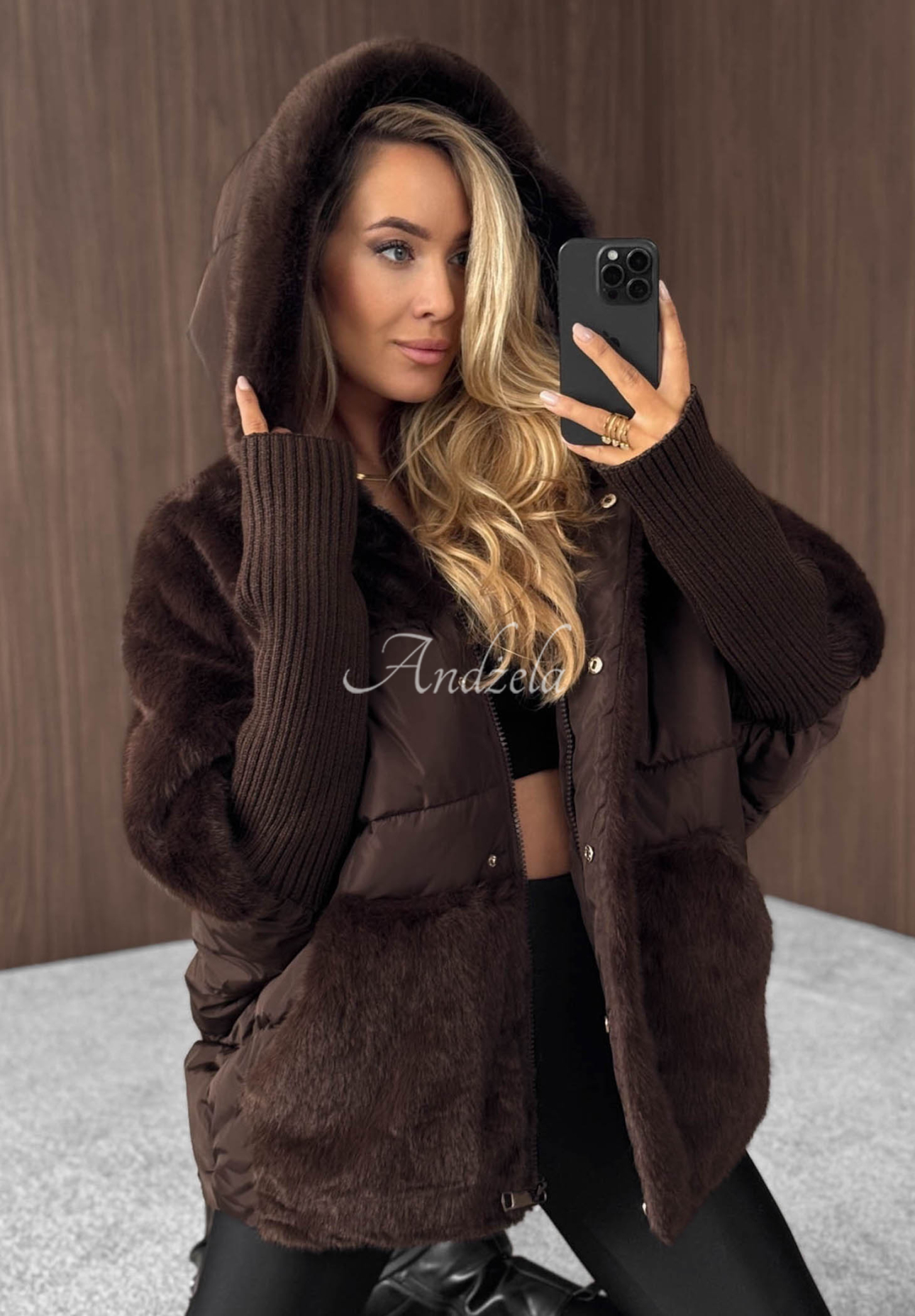 Snow &amp; Pines chocolate quilted fur jacket