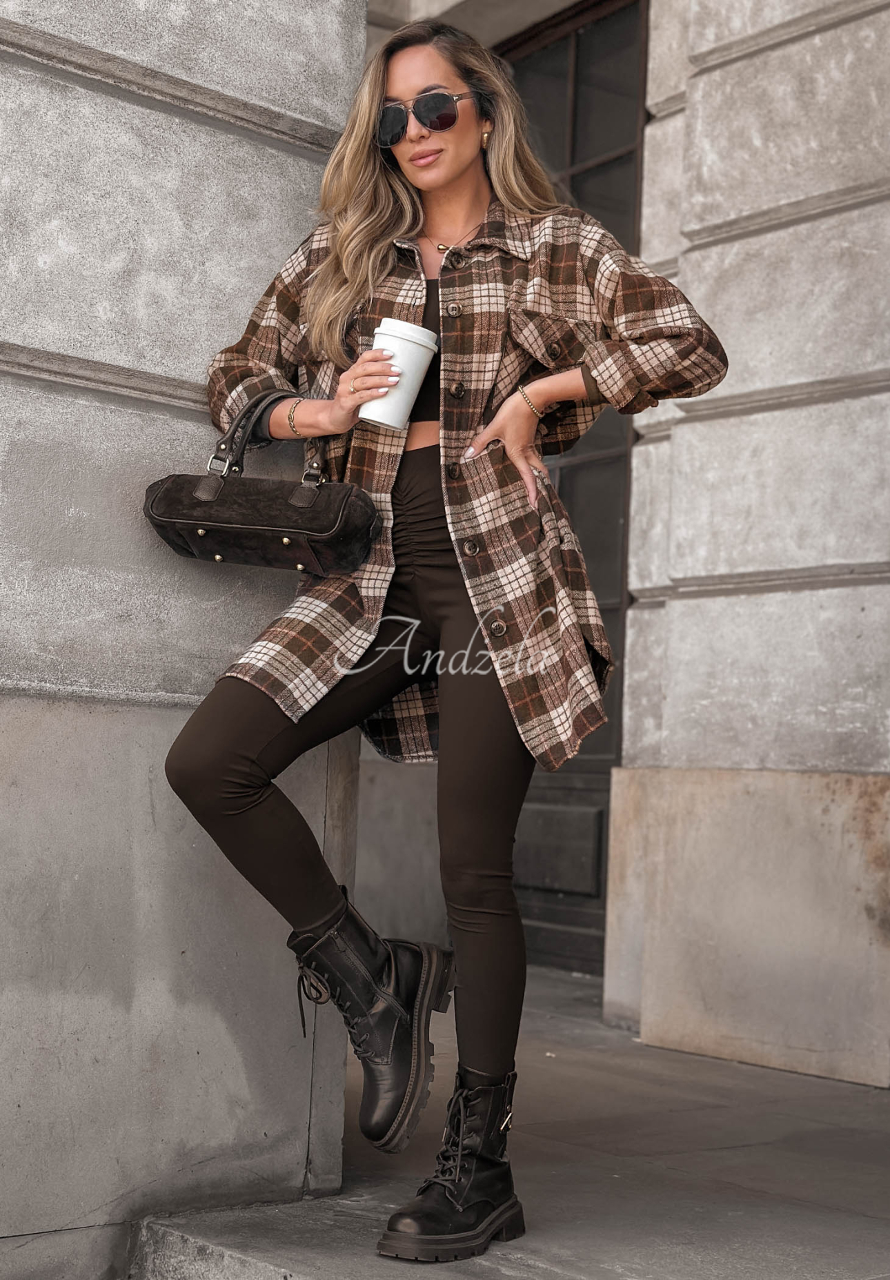 September Glow Chocolate-Colored Oversized Checkered Cotton Shirt