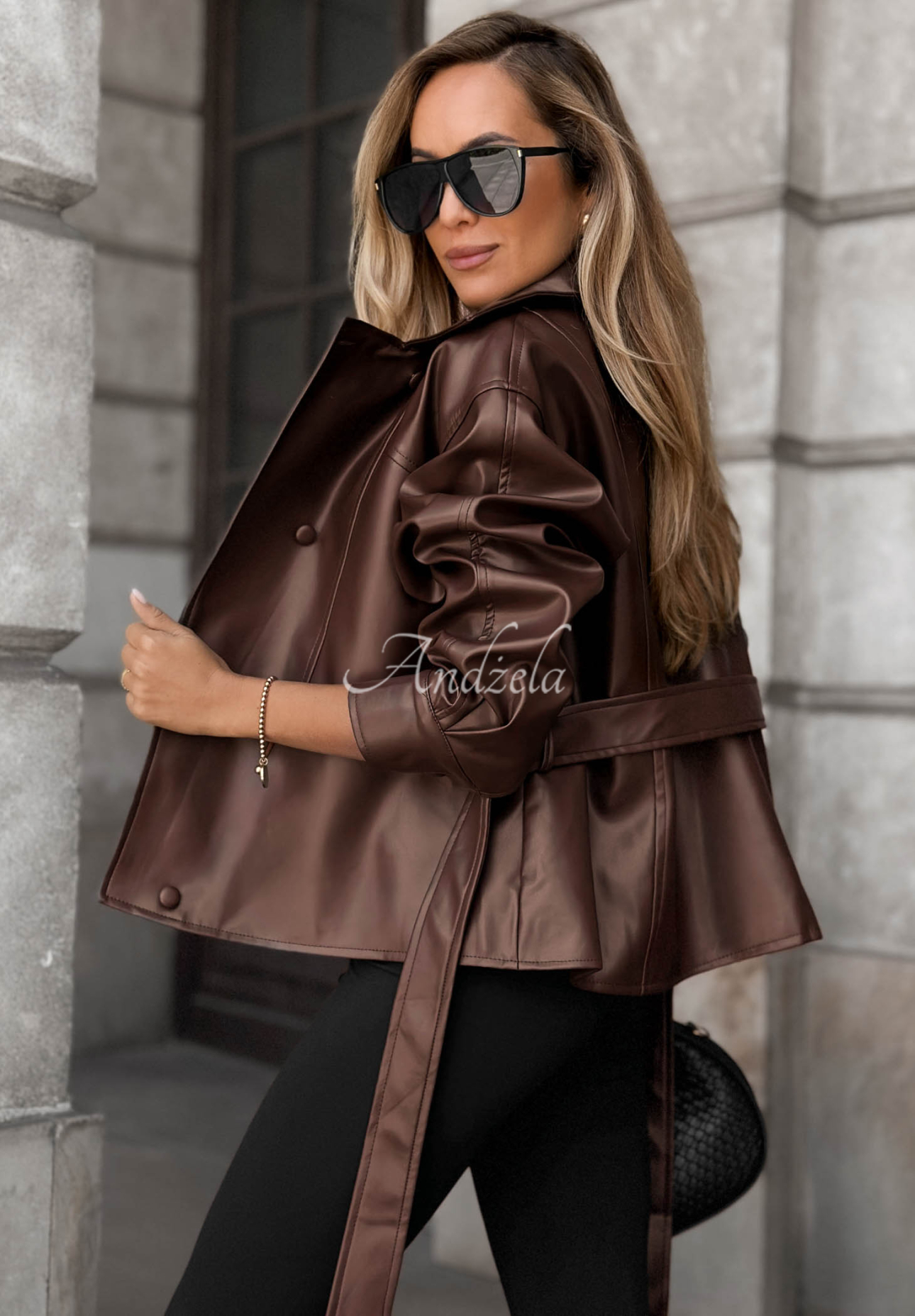 Lady Mist Short Leather Coat with Belt in Chocolate Brown