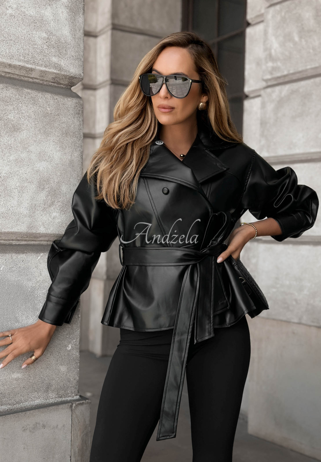 Lady Mist Short Leather Coat with Belt, Black